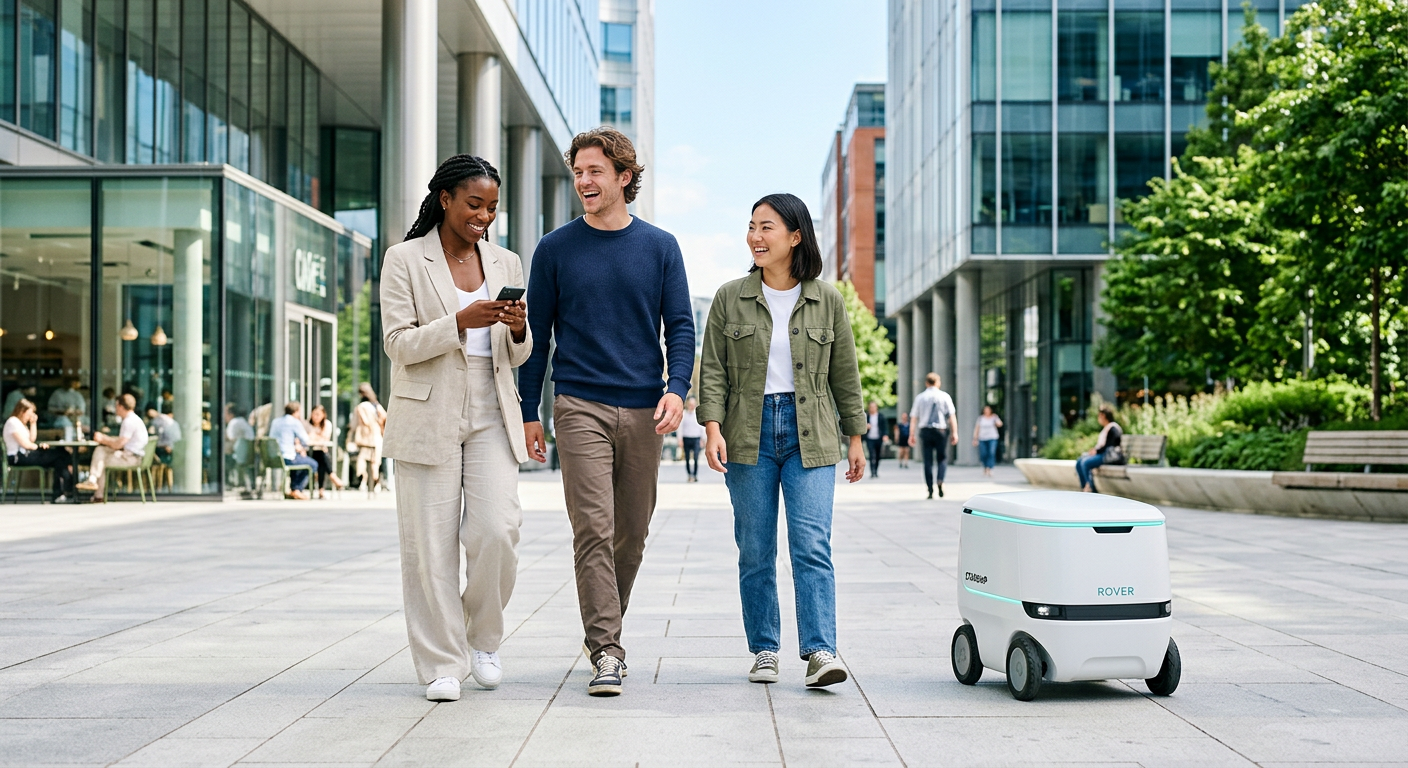 Three young people walking and laughing through a modern city plaza while a white autonomous delivery robot rolls alongside them