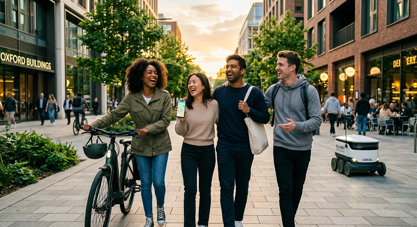 Four young friends laughing together on a green city street at golden hour while a delivery robot passes by